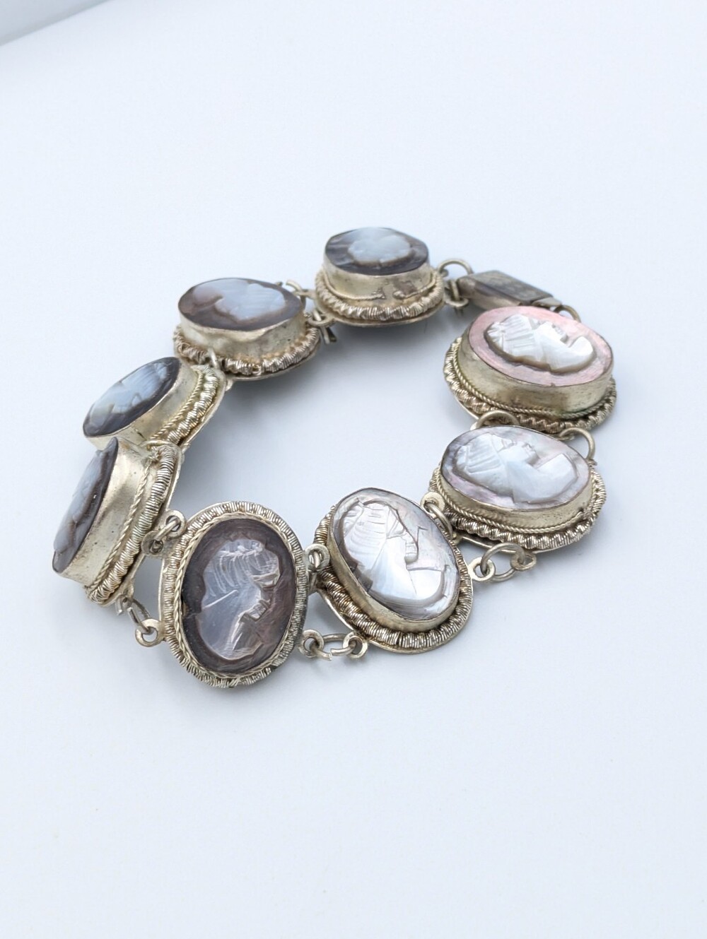 Vintage - Antique Cameo Giuseppe Mandile Italian Silver Over Brass Bracelet
